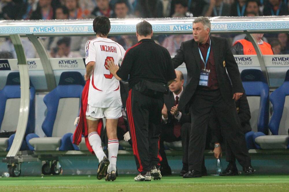 Ancelotti e Inzaghi nella finale vinta dal Milan ad Atene nel 2006-07